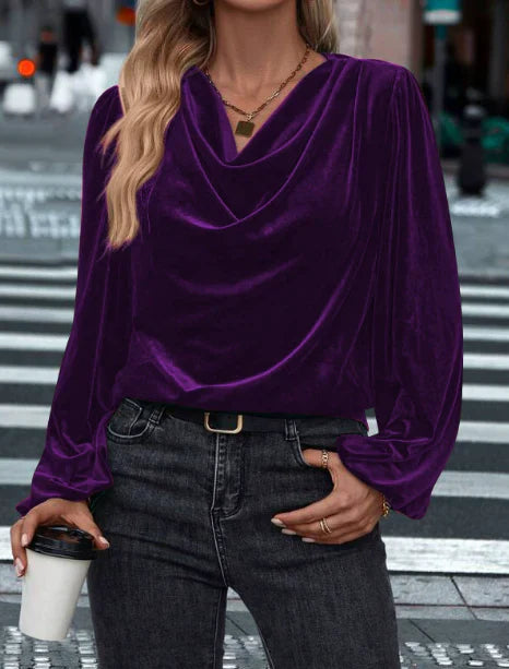Ilyana – Blouse en velours à manches longues et col drapé