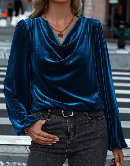 Ilyana – Blouse en velours à manches longues et col drapé