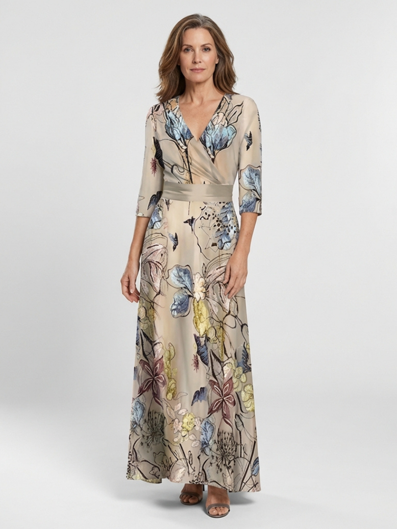 Marguerite | Robe longue à motif floral et manches 3/4