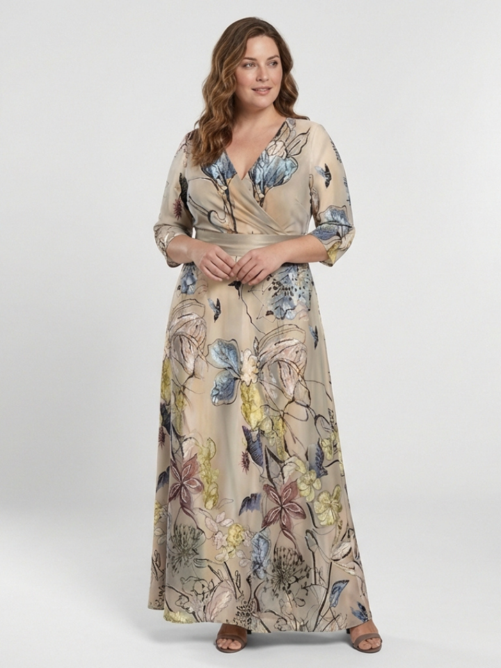 Marguerite | Robe longue à motif floral et manches 3/4